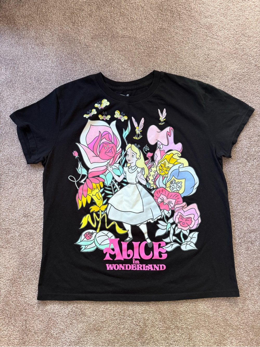 Disney Alice in Wonderland Black Graphic Tee - Pink & Pastel Floral Print